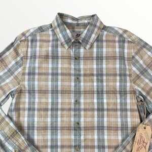 NWT Madda Fella Brand Plaid Poplin Tan Multicolor Button Up Long Sleeve Shirt S